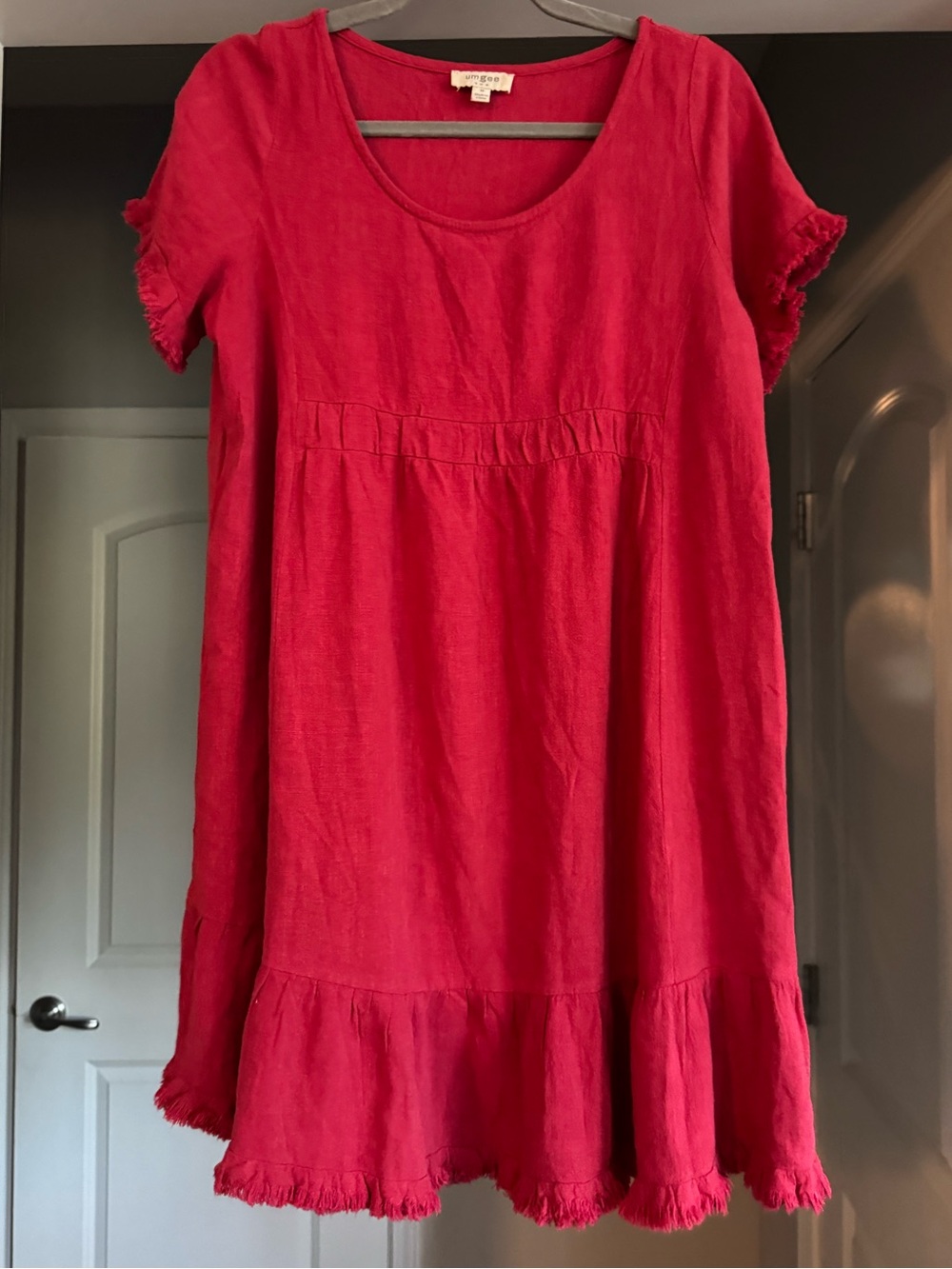 Umgee Red Linen Cotton Fringe Hi Low Boho Tunic Dress M